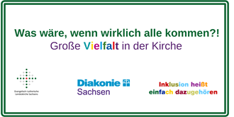 Fröhliche Farben, vor allem grün und violett: Was wäre, wenn wirklich alle kommen?! Große Vielfalt in der Kirche" und 3 Logos